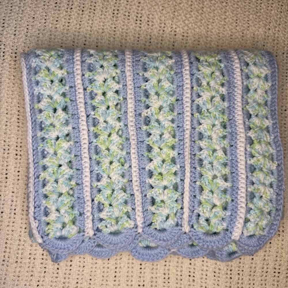 Handmade Crochet Baby Blanket Afghan Mile A Minute Blue Green White Scalloped